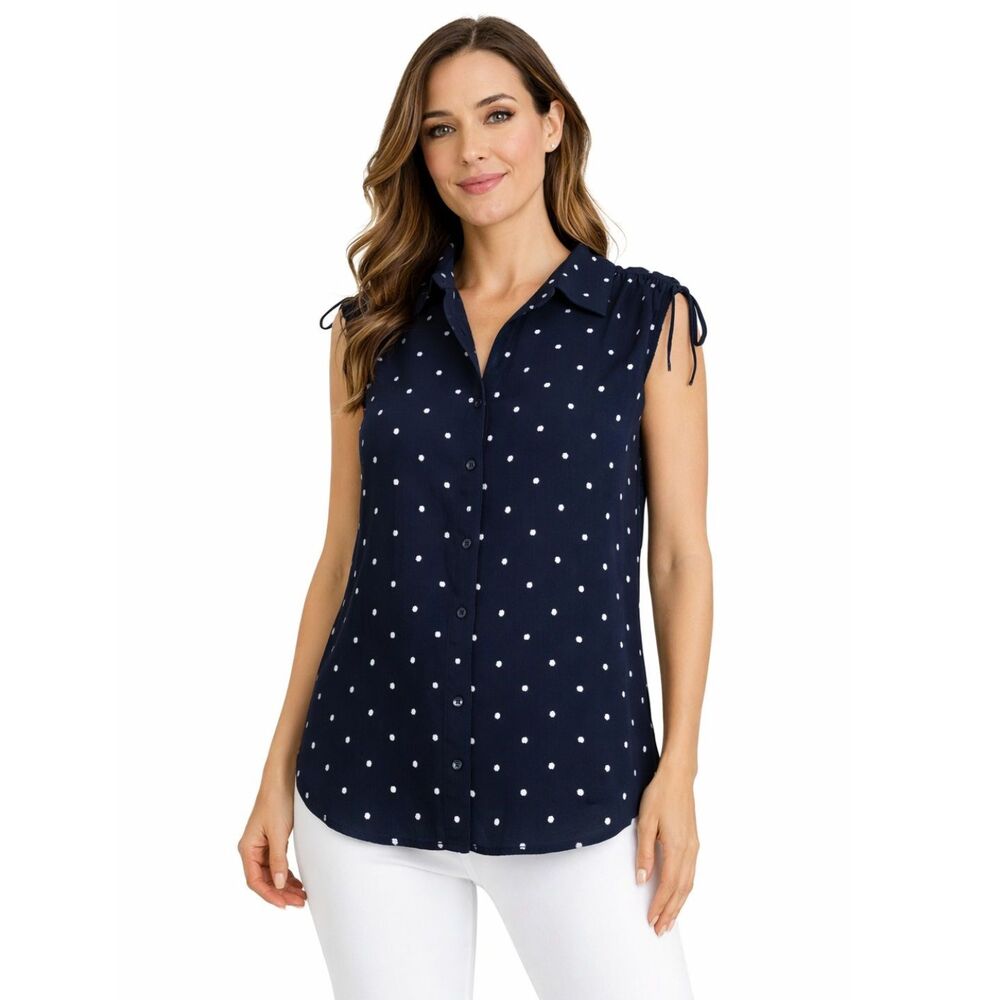 Gloria Vanderbilt Polkadot Sleeveless Top Blue White S